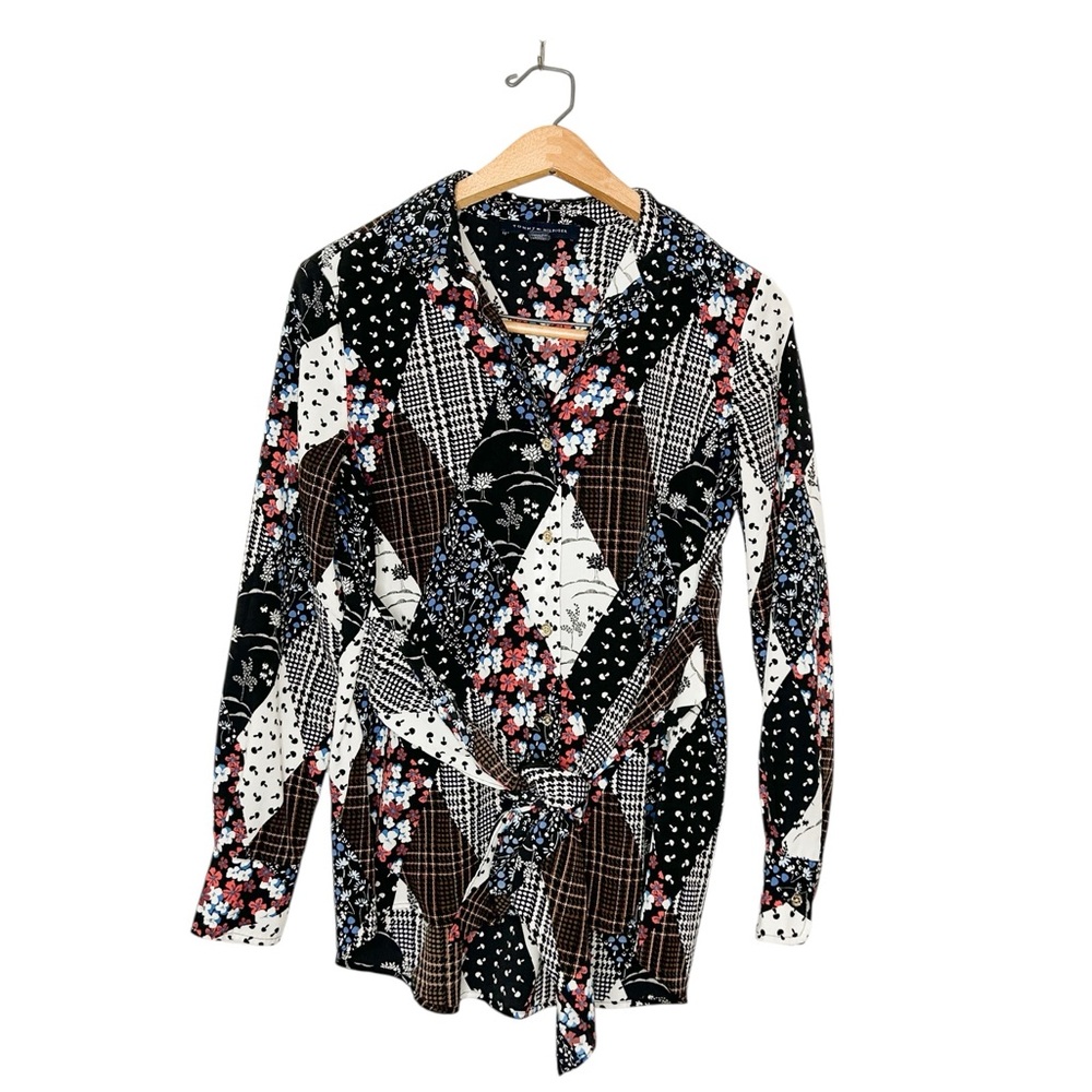 Tommy Hilfiger Tie Front Abstract Patchwork Design Button Front Blouse XS‎